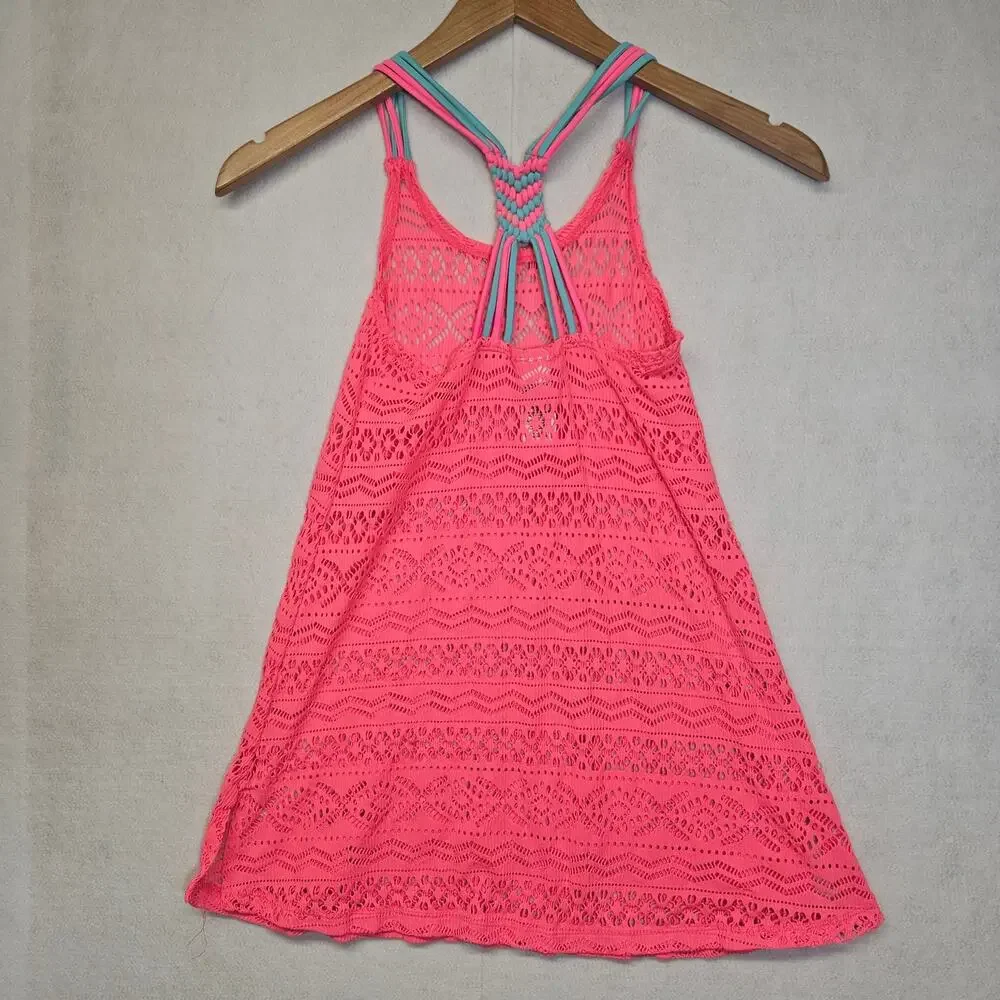 Summer Crush Girls Hot Coral Pink Swim Cover-Up Dress Crochet Lace Size Small